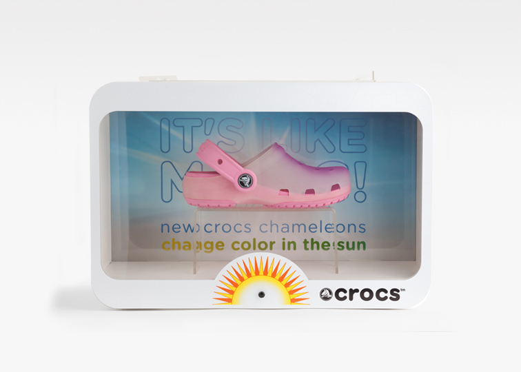 Glorificador Crocs rosa madera blanca leds vitrina Disme